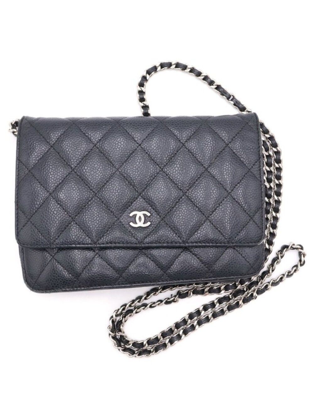 Chanel CC Logo Quilted Caviar Leather Silver Chain Wallet Shoulder Bag Black